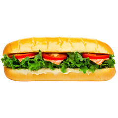 Delicious sandwich with fresh lettuce, juicy tomatoes, and creamy mayonnaise in crispy baguette. Perfect for quick and satisfying meal