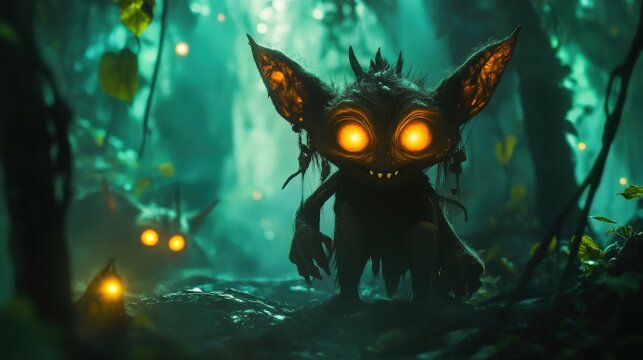 Dark forest creature with glowing eyes walks a path.