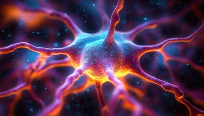 Vivid close-up of a glowing neuron with extended dendrites and axons in a dark, abstract microscopic environment