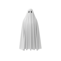 Cartoon ghost with white sheet and black eyes floats against transparent background, creating spooky yet playful Halloween theme