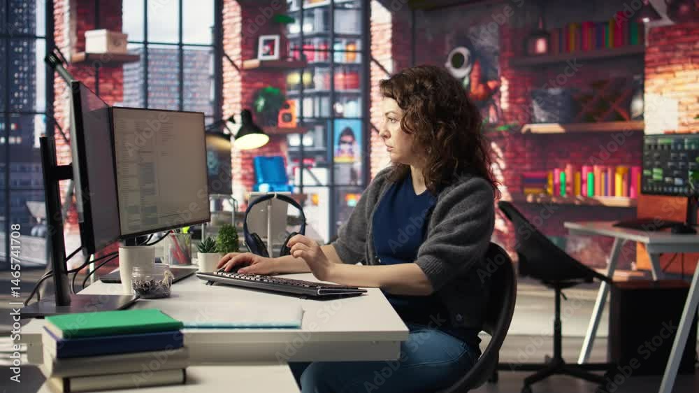 Fototapete Female programmer developing app and software algorithm on pc, working at creative agency. Engineer uses digital tools and focuses on java script engineering and coding, IT specialist. Camera A.