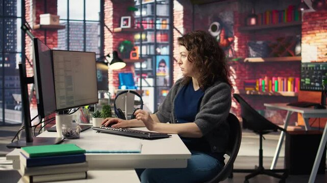 Female programmer developing app and software algorithm on pc, working at creative agency. Engineer uses digital tools and focuses on java script engineering and coding, IT specialist. Camera A.