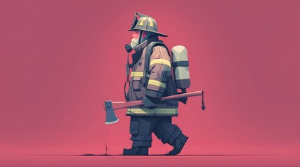 Naklejka premium Firefighter in Action Equipped with Helmet Axe and Gear Against a Bold Background