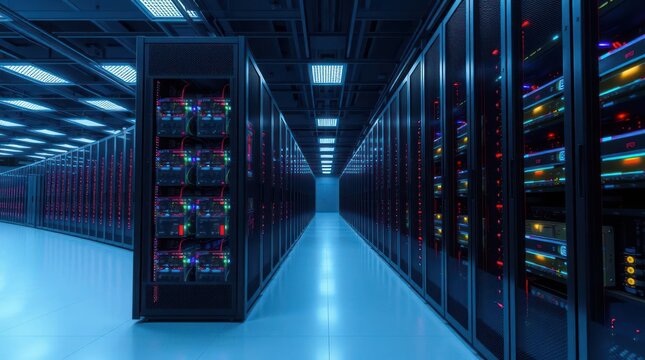 Illuminated server room, rows of data storage units, network infrastructure