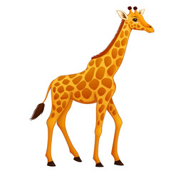 Obraz premium Cute cartoon giraffe with long neck and distinctive spots stands gracefully on transparent background, showcasing its tall stature and friendly expression