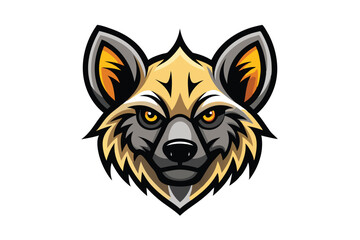 Illustrated hyena head showcases detailed fur texture and intense golden eyes on white