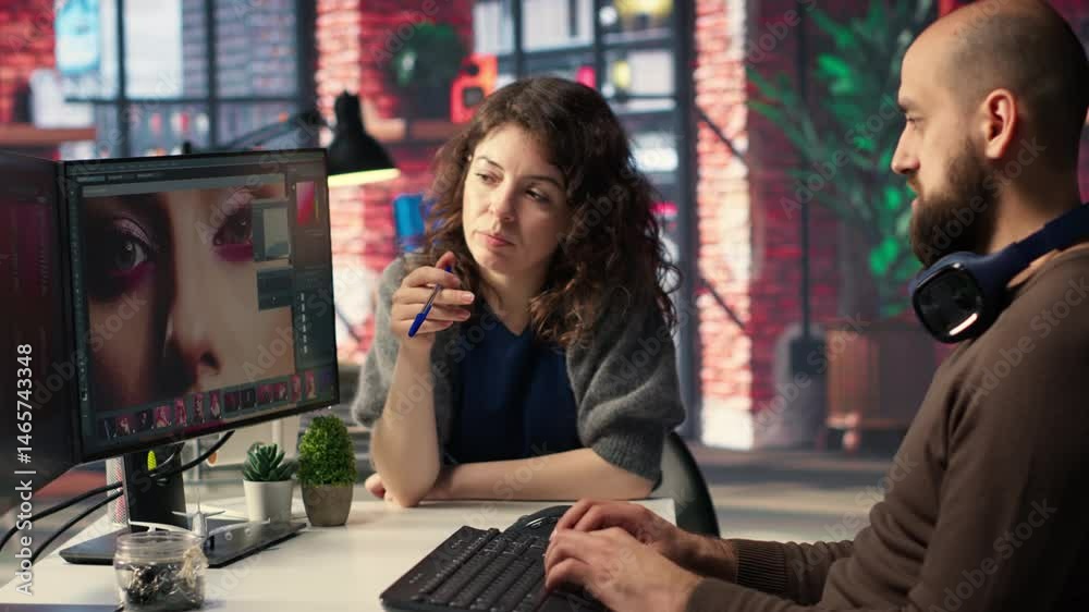 Poster man and woman creative team using ai to generate image models, operating editing software to enhance