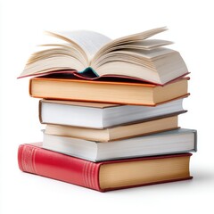 Fototapeta premium Stacked Open and Closed Books with Colorful Covers on White Background