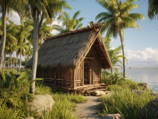 Tropical hut nestled among palm trees, capturing the essence of island life and relaxation on a serene coastline. 130 characters