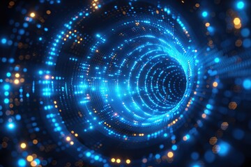 Obraz premium Digital tunnel design with glowing blue and gold lights.