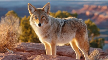 A coyote stands alert in the park, embodying the spirit of survival in the wild desert landscape.