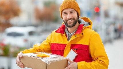 Friendly courier in bright attire delivers packages with a smile against a bustling city backdrop, showcasing professionalism.