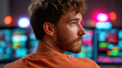 A man in a dark office reviews digital data overlays, analyzing trends for crypto trading using advanced tech tools.