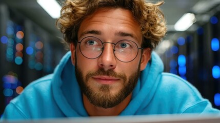 A data center expert analyzes data on a laptop amid sleek servers and cuttingedge tech in a modern warehouse environment.