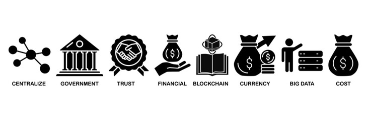 CBDC icon set vector illustration concept of central bank digital currency with icons of centralize, government, trust, financial, blockchain, currency, big data and cost