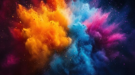 Fototapeta premium Dynamic explosion of vibrant colored powders in orange, blue, pink, and purple against a dark background creating an energetic and vivid abstract visual
