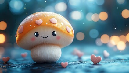 Cute smiling mushroom with forest bokeh.