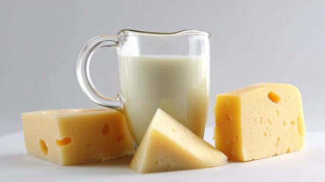Swiss Cheese Cubes Triangle with Fresh Milk in a Glass Pitcher on a White Background Perfect for Dairy Product Advertising and Promoting Healthy Eating