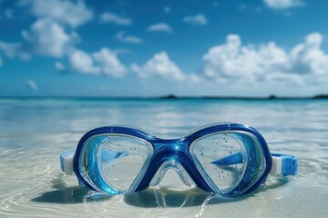 Blue snorkeling goggles resting on the sandy shore of a turquoise ocean. Clear water surrounds the goggles.  Sunny, partly cloudy sky in the background
