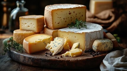 Assortment of various cheeses on a wooden board garnished with fresh herbs and peppercorns in warm rustic setting