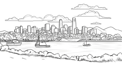 Obraz premium Detailed Bay with City Continuous Line Art Vector Illustration for Projects
