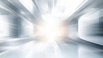 Abstract futuristic corridor with bright light at the end, featuring smooth curved walls and a sleek, metallic design conveying speed and modernity