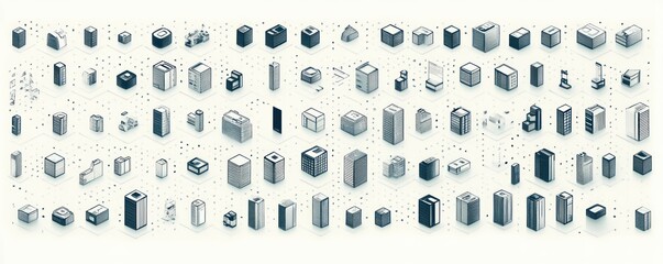 Collection of various monochrome isometric cube-shaped building icons arranged in a grid on a light background, showing diverse architectural elements and styles