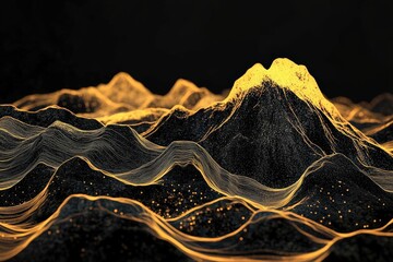 Abstract digital landscape of glowing golden mountains.