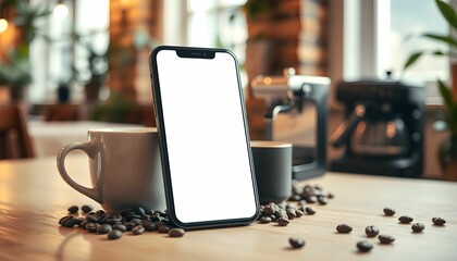 Blank Smartphone Screen Mockup with Coffee Beans and Cups in Cozy Cafe Setting