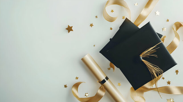 Graduation cap and diploma with golden stars and ribbons elegant celebration