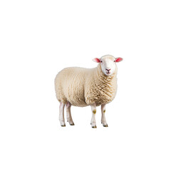 Fototapeta premium Fluffy sheep stands against plain background, showcasing its thick wool and calm demeanor. sheep white fleece contrasts with its pink ears and nose, creating serene and pastoral image