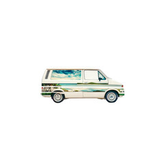 Fototapeta premium Vintage van with scenic landscape artwork on its side, featuring clear blue sky and rolling hills, evokes sense of adventure and freedom. vehicle is isolated on transparency background