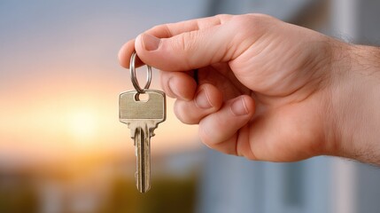 Obraz premium Hand Holding Key Against Blurred Background at Sunset Moment