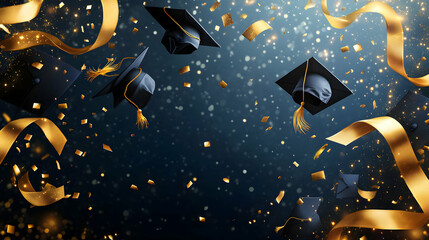Golden ribbons and graduation caps floating in celebration on dark blue background