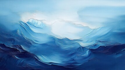 Fototapeta premium Abstract textured painting of mountain landscape with various shades of blue blending into a soft sky