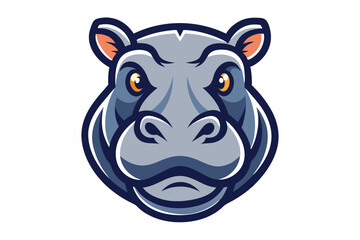 Front view of a gray hippo shows its intense orange eyes and soft ears