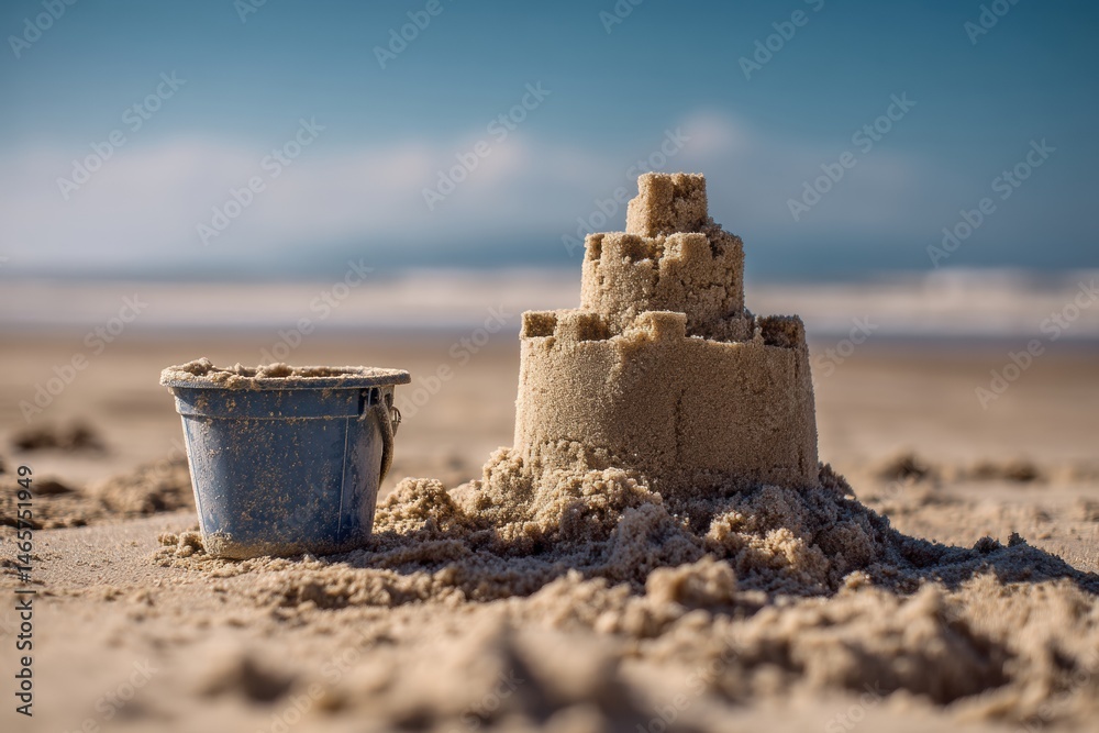 Poster sandcastle that has crumbled beside a small blue bucket on a sunny beach generative ai