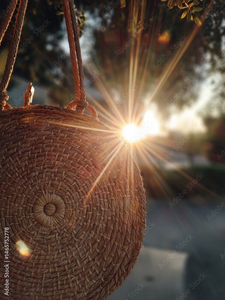 Poster sun lens flare shines through round straw purse during sunset at a calm outdoor location generative 
