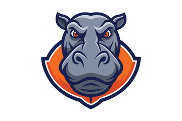 A ferocious hippo head with sharp orange eyes stares out from a colored shield