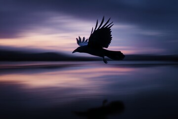 surreal silhouette of a flying raven over water during twilight, long exposure blur trails, glowing feathers