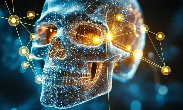 Futuristic digital skull with glowing neural connections against a dark background, symbolizing technology