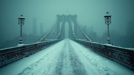 Fototapeta premium Brooklyn Bridge in Winter Snowfall Scene with Lamp Posts and Cityscape