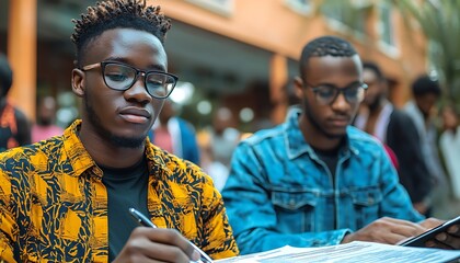 Focused students studying outdoors