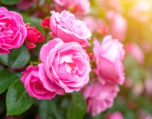 Bush of pink roses, summertime floral background