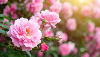 Obraz premium Bush of pink roses, summertime floral background