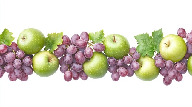 Fresh, vibrant, and appetizing fruits arranged in a horizontal line.  Green apples and purple grapes with leaves