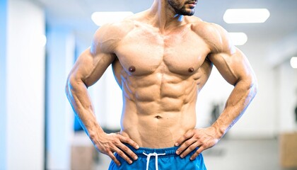 Obraz premium A close-up of a man's upper body shows his abdominal muscles in a fitness center illuminated by blue lights