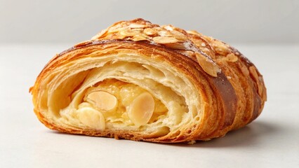 A golden-brown almond croissant, freshly baked with visible flaky layers and topped generously with toasted almond slivers, is presented on a pristine white background