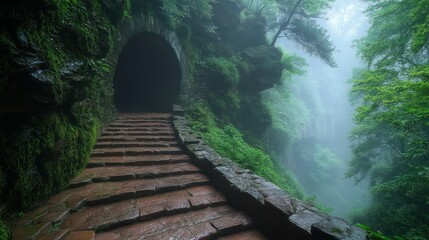Misty mountain path leading to a dark tunnel. Lush vegetation surrounds the winding stone steps
