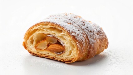 Close-up of a single almond croissant with a golden-brown crust and flaky layers, dusted with powdered sugar, on a textured grey background, showcasing a delicious pastry